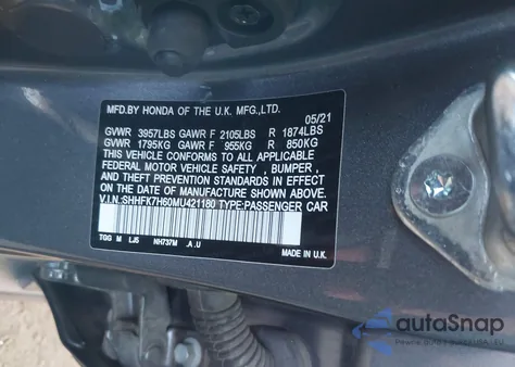 2021 Honda Civic Ex из США, поврежденный, VIN SHHFK7H60MU421180